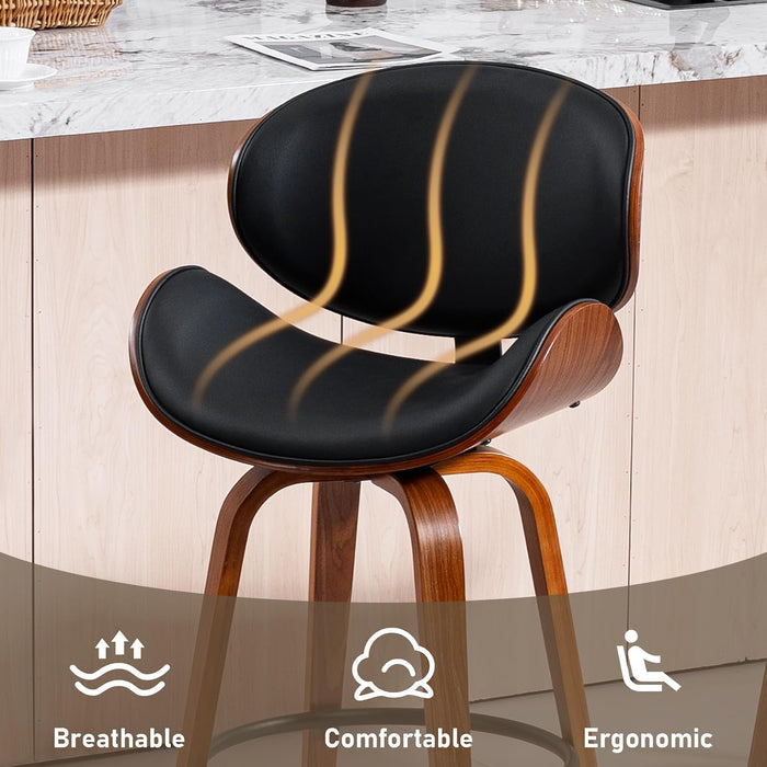 Bar Stools Set of 3, 26 Inch Leather Upholstered Counter Height Bar Stools with Curved Seat and Backrest, 360° Swivel Walnut Wood Barstools for Kitchen Island, Bar, Cafe, Black