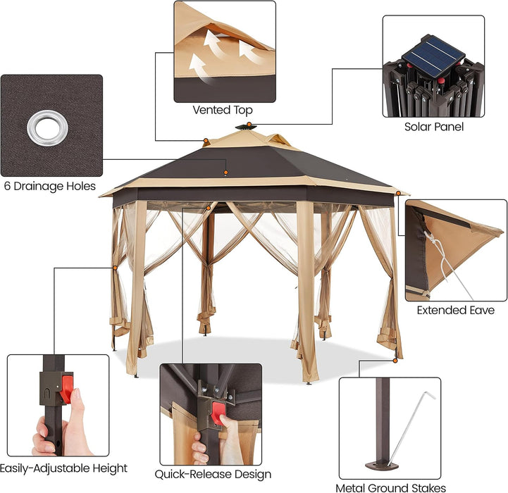 Yaheetech 13×13 Pop-Up Patio Gazebo Tent W/Mesh Netting Sides & 25 Solar LED Lights, Hexagonal Double Vented 3 Height Adjustable Gazebo with Storage Bag for Backyard, Garden, Lawn, Khaki & Brown