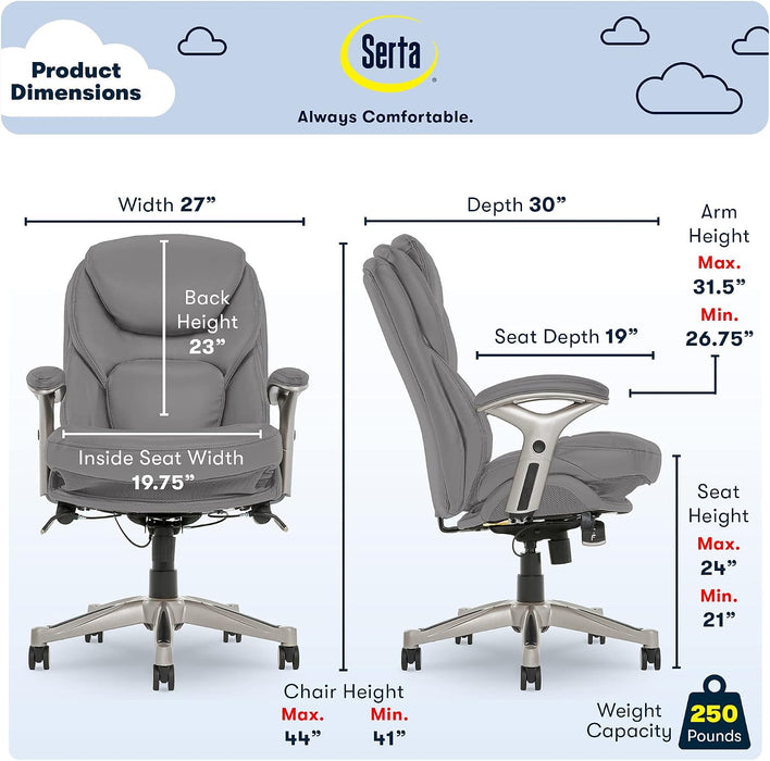 Claremont Executive Office Chair with Back-In-Motion Technology, Ergonomic Mid-Back with Pivot Lumbar Support and Seat, Plush Cushion, Body Pillows, Adjustable Arms, Bonded Leather, Gray