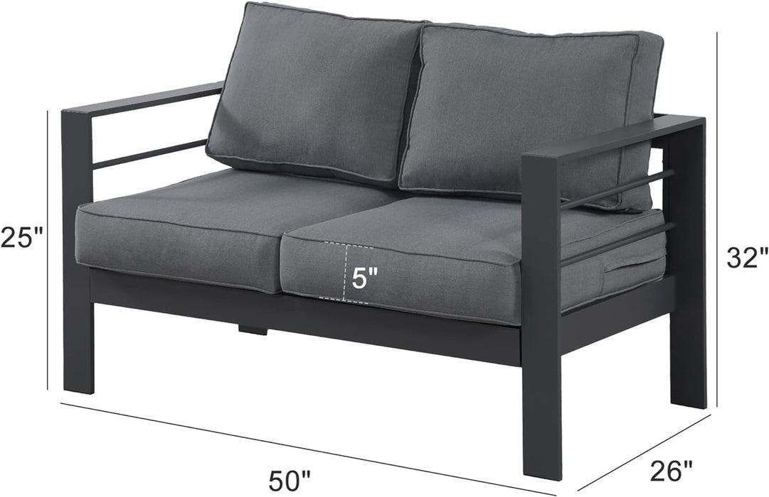 Patio Furniture Aluminum Loveseat, All-Weather Outdoor 2 Seats Sofa Couch, Gray Metal Chair with Dark Grey Cushions