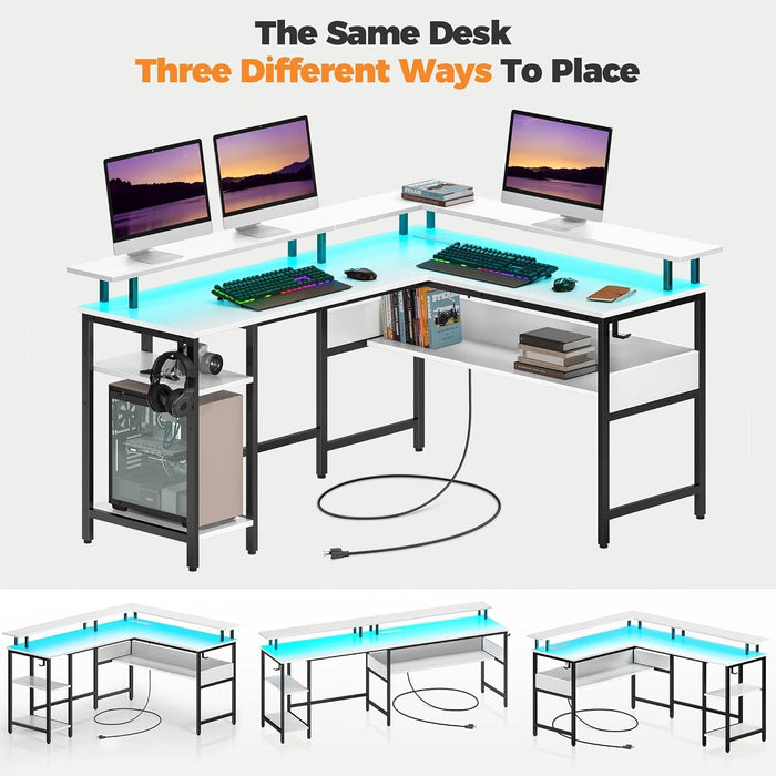 Computer Desk L Shaped 56.7" with LED Lights and Power Outlets, Reversible L Shaped Gaming Desk with Monitor Stand, Home Office Desk with Storage, Desk with USB Port and Hook, White