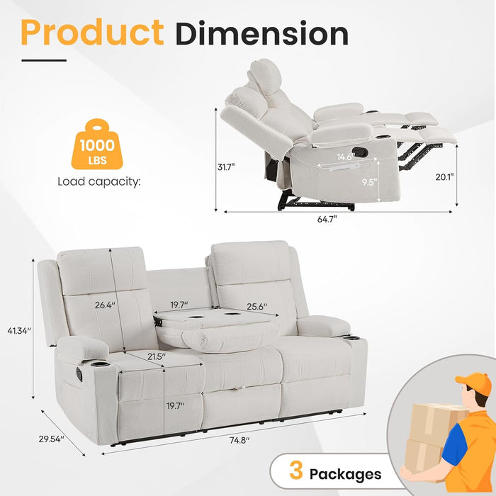 Reclining Sofa Couch,Loveseat 3 Seater Recliner Sofa with Drop down Table/ 4 Cup Holder/Hidden Storage, Wall Hugger Recliner Sofa for Living Room & Home Theater & Rv(Beige)