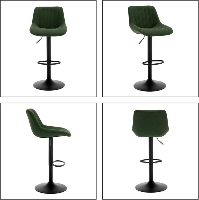 Faux Leather Adjustable Bar Stools Set of 3, Modern Swivel Barstools with Back, Black Metal Base and Footrest, Upholstered Armless Bar Chairs for Kitchen Island/Dining/Pub, Green