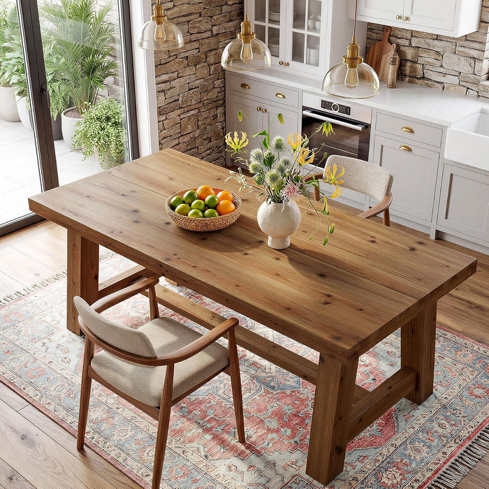 63-Inch Solid Wood Dining Table, Farmhouse Kitchen Table for 4-6 People, Rectangular Wooden Dinner Table with Thick Top & Trestle Base,Natural Wood