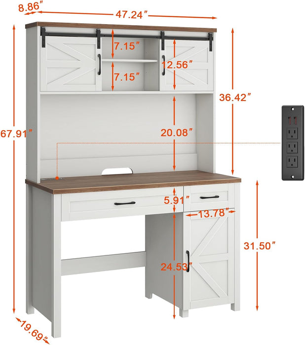 Farmhouse 47" Executive Desk, Computer Desk with 2 Drawers, LED Light and Storage Cabinet, Home Office Desk with Hutch, Charging Hub, Workstation for Home Office and Study,Unique White.