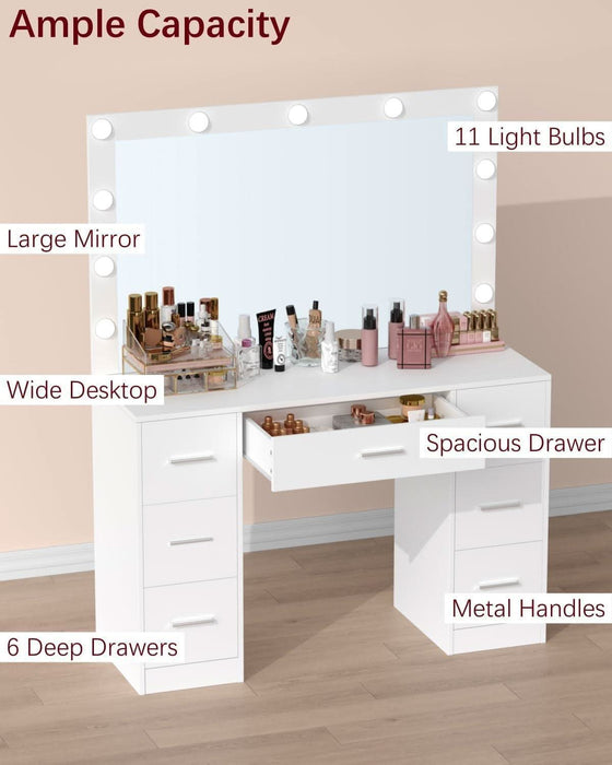 Vanity Table, Makeup Desk with Lighted Mirror, Dressing Desk with Drawers and Adjustable Brightness, 3 Color Lighting Modes, Vanity Desk for Women(White)
