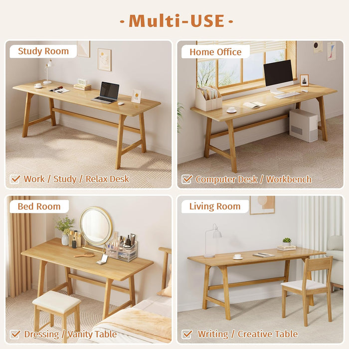 Solid Wood Writing Table - 72" W Minimalist Long Computer Desk, Oak
