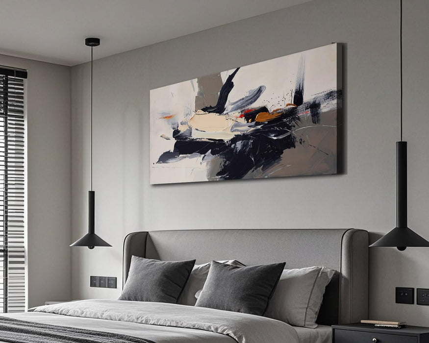 Abstract Canvas Wall Art Textured Extra Large 58“X29” Framed- Black Beige Brush Strokes Painting, Modern Splatter Artwork for Living Room Bedroom Home Office Luxury Wall Decor