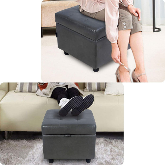 Tufted Leather Square Flip Top Storage Ottoman Cube Foot Rest (Grey with Storage)