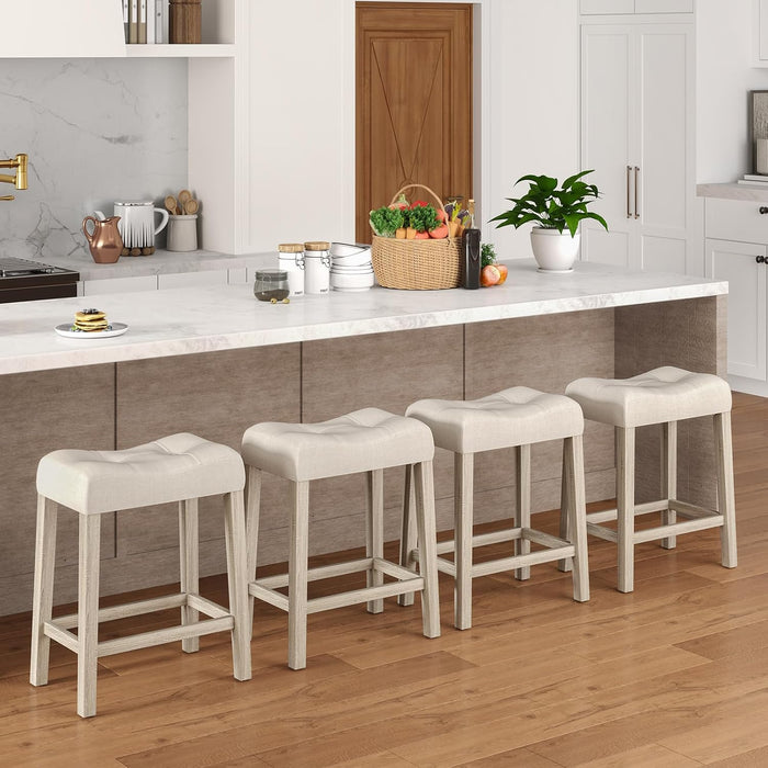 24" Saddle Bar Stools Set of 4, Farmhouse Button Tufted Barstools | Upholstered Counter Height Backless Bar Chairs with Footrest and Wood Legs for Kitchen Island, Dining Room, Cafe
