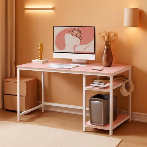 43 Inch L Shaped Computer Desk with Reversible Side Storage Shelves, Small Corner Desk for Small Space Home Office,Writing Study Table PC Desk for Bedroom,Pink with White Leg