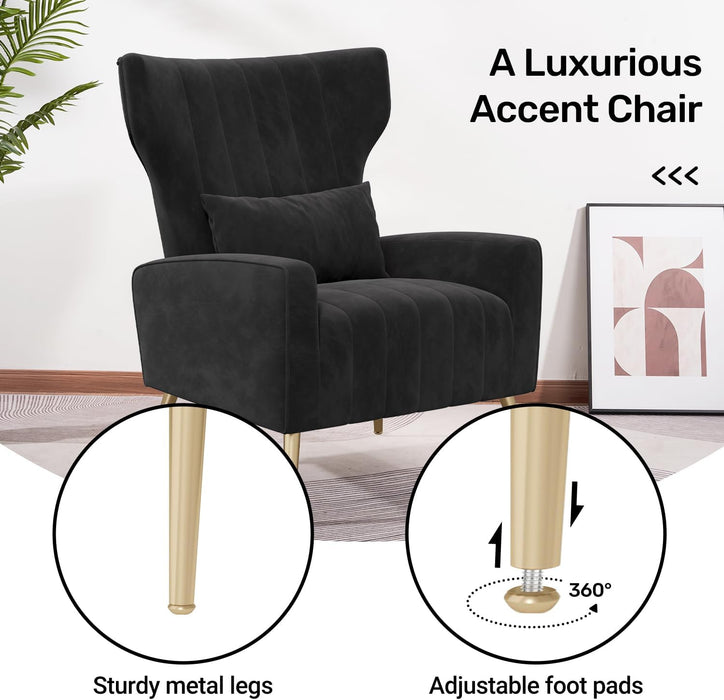 Black Velvet Wingback Chair Upholstered With Pillow