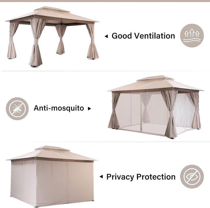 Outdoor Patio Gazebo 10'X13' with Expansion Bolts, Heavy Duty Gazebos Party Tent Shelter with Double Roofs, Mosquito Nets and Privacy Screens for Backyard, Garden, Lawn, Khaki
