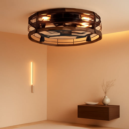 20" Caged Ceiling Fan with Light and Remote, Low Profile Flush Mount Fandelier, Walnut Bladeless Enclosed Small Fan Lights Ceiling Fixtures, Rustic Farmhouse Style for Bedroom, Outdoor