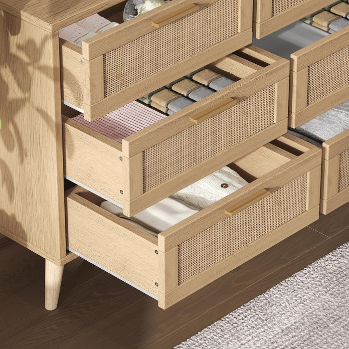 9 Drawer Double Dresser for Bedroom, Rattan Chest of Dressers, Modern Wooden Dresser Chest with Golden Handles, beside Table for Closet, Living Room and Entryway, Natural