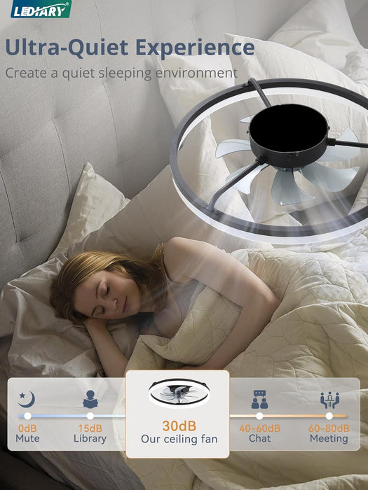Ceiling Fans with Lights, 20 Inch Low Profile Flush Mount Ceiling Fan, Dimmable LED, APP & Remote Control, Quiet Reversible DC Motor, 6 Speeds, Fandelier for Bedroom, Black