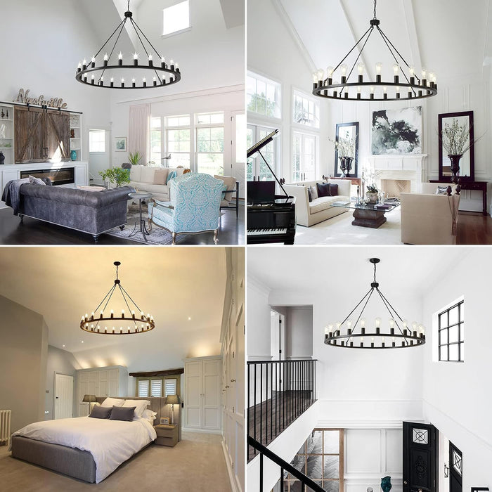 48-Inch Wagon Wheel Chandelier Black Outdoor Fixture