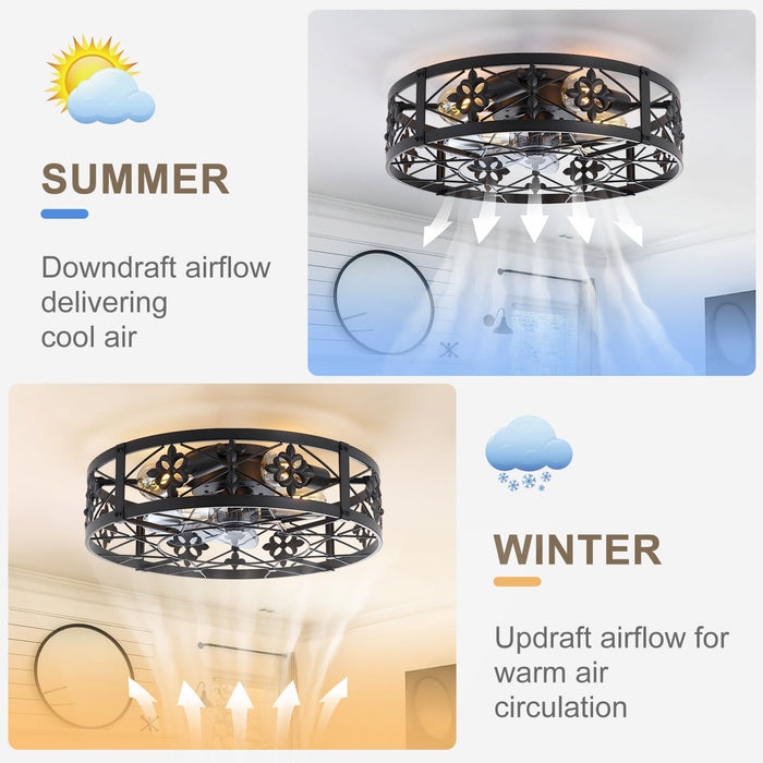 Caged Ceiling Fan with Light, 20" Ceiling Fan with Lights and Remote Flush Mount, Bladeless Caged Ceiling Fans with Lights, Matte Black Rustic Fan for Bedroom, Kitchen, Dining Room