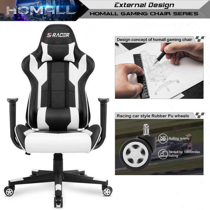 Gaming Chair, Office Chair High Back Computer Chair Leather Desk Chair Racing Executive Ergonomic Adjustable Swivel Task Chair with Headrest and Lumbar Support (White)
