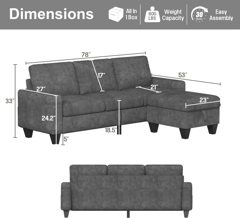 Gray Velvet Sectional Sofa with Storage