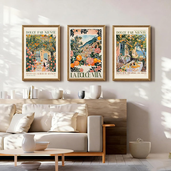 Triptych Dolce Far Niente Framed Cnavas Wall Art 20X30 Inches X3 | Wooden Frame, Uv-Resistant Ink, Giclée Printing Process, Pre-Installed Hooks Make It Easy to Hang Home or Office Wall Decor