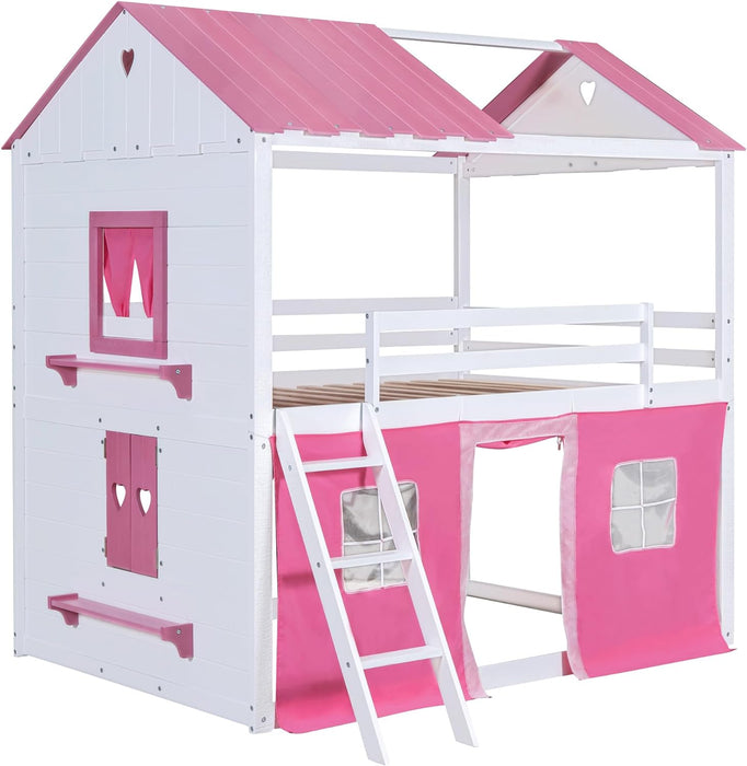 TwinOverTwin HousePlayhouse Bunk Bed PinkWhite Windows