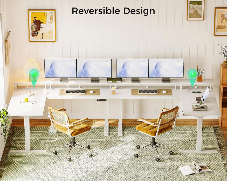Electric L-Shaped Standing Desk, 59 Inch Height Adjustable Office Desk with Monitor Stand, Sit-Stand Desk with Power Outlets, Large Lift Table for Home, Office, Workstation, White