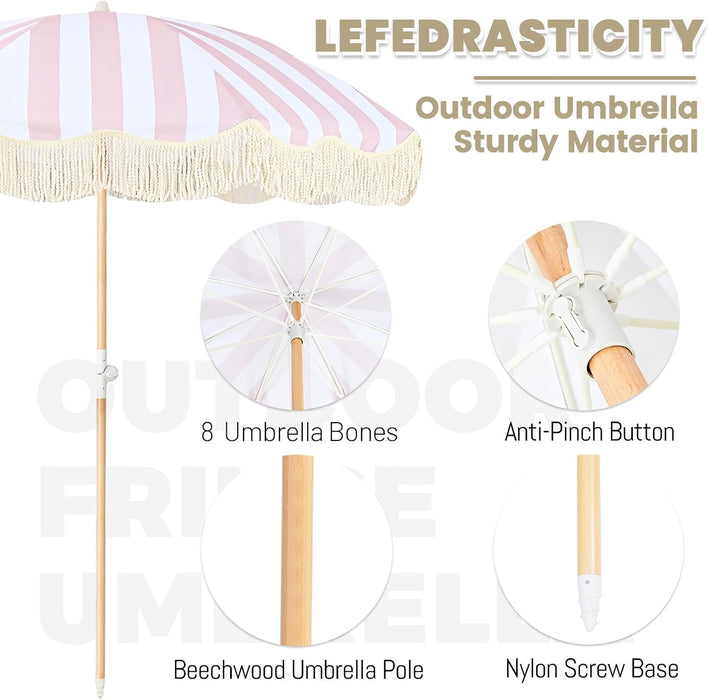 Boho Outdoor Umbrella with Tassels,6Ft Table Umbrella Outdoor Patio with Knobs Tilt,Wind Resistant Portable Beach Umbrella UPF50+ Fringe Umbrellas for Pool Backyard Deck Garden
