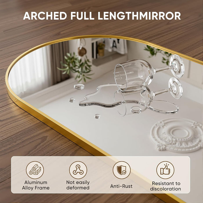 Full Length Mirror, 76"X44" Oversized Full Body Mirror Gold, Arched