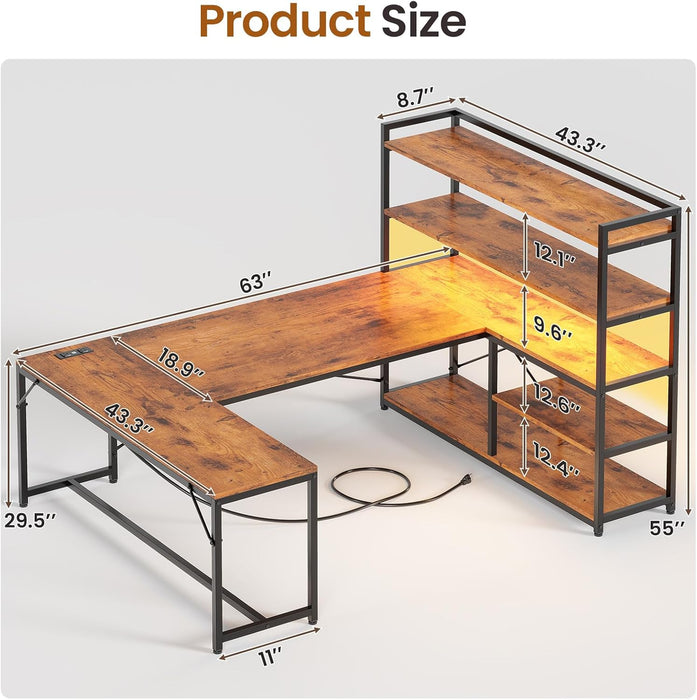 L Shaped Desk with Storage Shelves, 63” Reversible U Shaped Office Desk, Gaming Desk with Power Outlet and LED Lights for Home Office, Rustic Brown