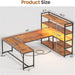 L Shaped Desk with Storage Shelves, 63” Reversible U Shaped Office Desk, Gaming Desk with Power Outlet and LED Lights for Home Office, Rustic Brown