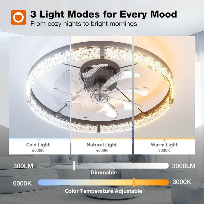 Ceiling Fans with Lights and Remote, 24'' Low Profile Flush Mount Ceiling Fan, 3000–6000K Dimmable LED Fandelier, Bladeless Crystal Fan Light for Bedroom, Kitchen, Living Room, Black