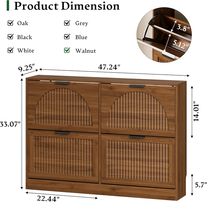 Fluted Shoe Storage Cabinet for Entryway with 4 Flip Drawers, Walnut