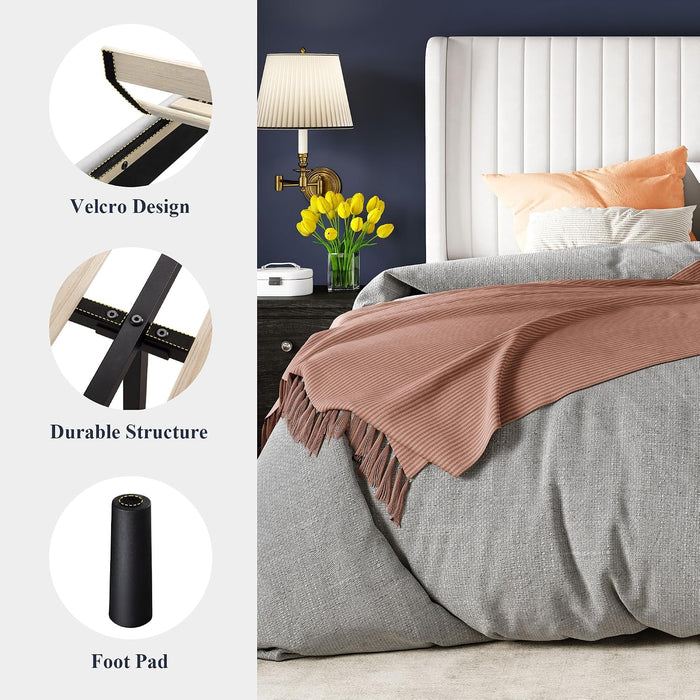 Queen Size Velvet Bed Frame/Vertical Channel Tufted Wingback Headboard/Upholstered Platform Bed/Strong Wooden Slats/No Box Spring Needed/Easy Assembly/White