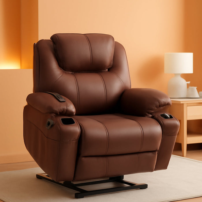 Electric Power Lift Recliner Chair Sofa with Massage and Heat for Elderly, 3 Positions, 2 Side Pockets, and Cup Holders, USB Ports, Faux Leather 7040 (Brown, Medium)