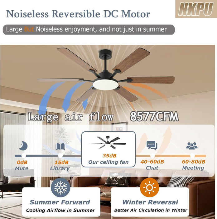 60 Inch Ceiling Fans with Lights, Large Modern Brown Ceiling Fan with Light and Remote Control, 6 Double Sided Blades, 6 Speed Reversible Motor, Dimmable LED, Silent Timing, Indoor Outdoor Patio Use