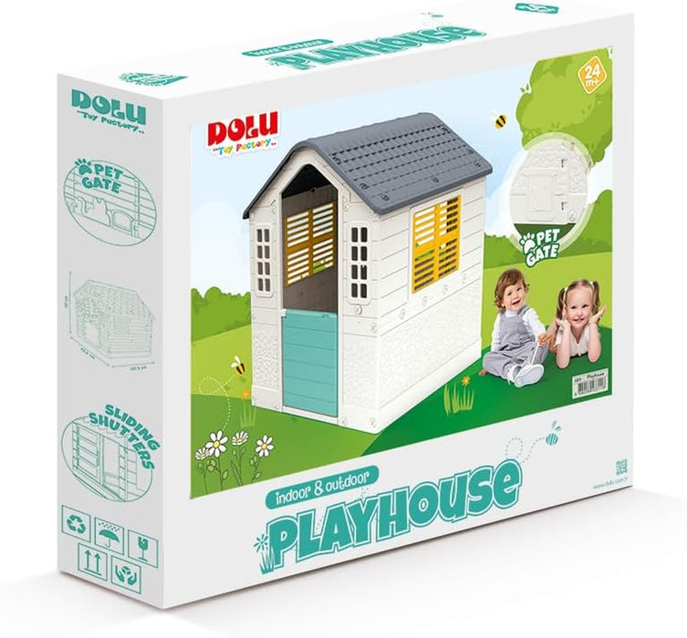 : Playhouse - White, Green, Yellow - Indoor & Outdoor Toy, Pretend Play, Sliding Shutters, Pet Gate, Waterproof Plastic, Toddler & Kids Ages 2+