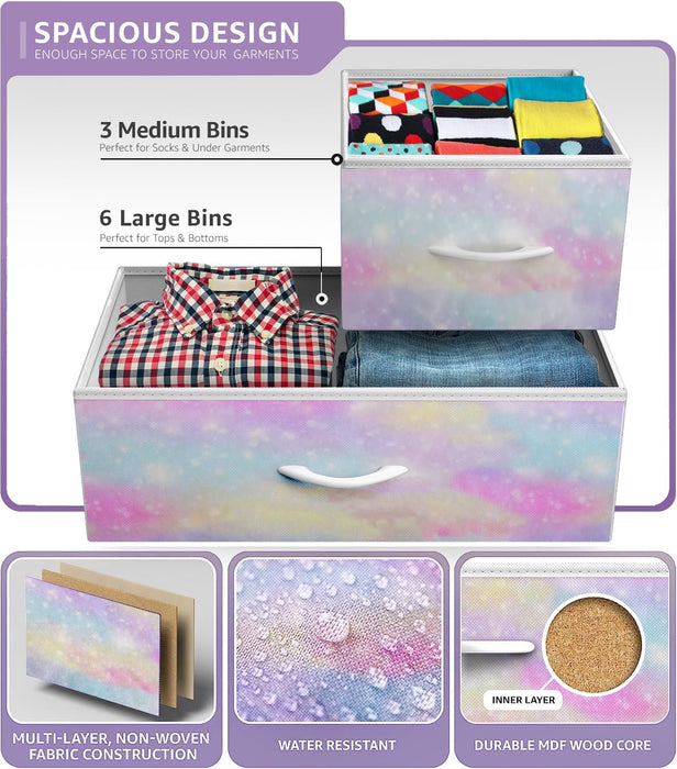 Dresser with 9 Drawers - Furniture Storage Chest for Kid’S, Teens, Bedroom, Nursery, Playroom, Clothes, Toys - Steel Frame, Wood Top, Fabric Bins (Tie-Dye)