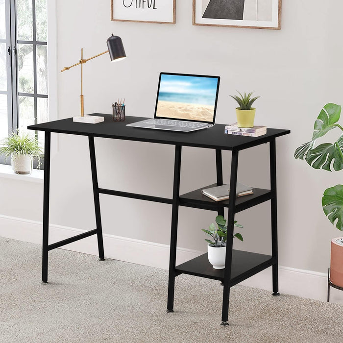 43" Home Office Computer Desk Trestle Desk with 2 Shelves Writing Study Workstation Style Wood Table Metal Frame for Home Office Reversible Storage Desk, Black