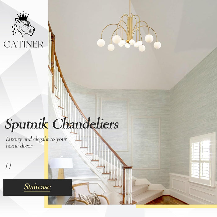 Large Sputnik Chandeliers 12 Lights Modern Gold Chandelier for High Ceiling L52” Mid Century Ceiling Pendant Light Fixtures with Milk Glass Globe Shades for Living Dining Room Foyer Staircase