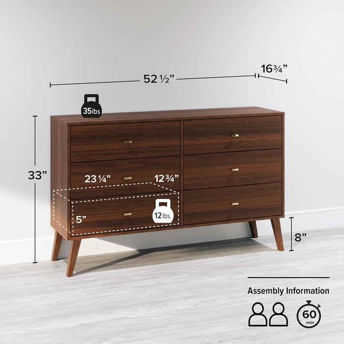 Cherry 52-Inch Wide-Profile Mid-Century Six-Drawer Dresser