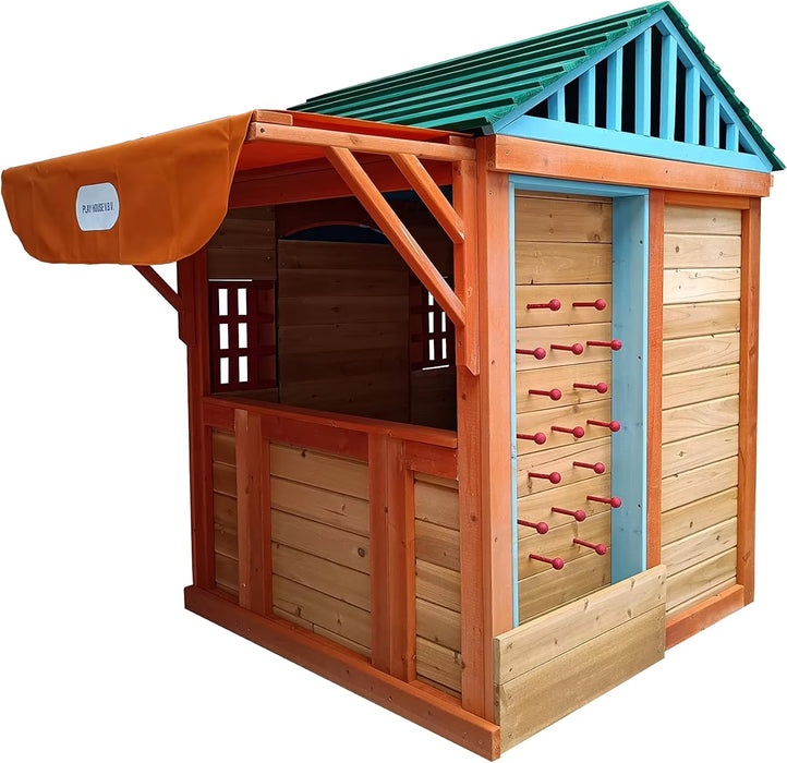 Outdoor Wood 4-In-1 Game House for All Kids, Boys and Girls Ages 3+, Garden Playhouse with Different Games on Every Surface