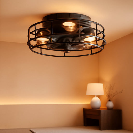 Farmhouse Caged Ceiling Fan with Light, Bladeless Flush Mount Fan Lights Ceiling Fixtures with Remote, 12 in 6 Speeds Indooor Lights for Kitchen, Living Room, Bedroom, Black