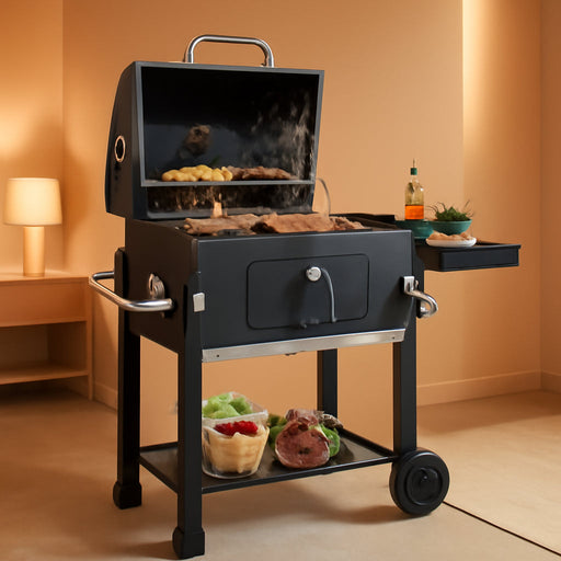 Charcoal Grill Outdoor BBQ Smoker with Height-Adjustable Charcoal Pan Crank Handle, Large Barrel Barbecue Grill with Front Access Door, Foldable Side Table & Removable Ash Tray for Backyard Garden