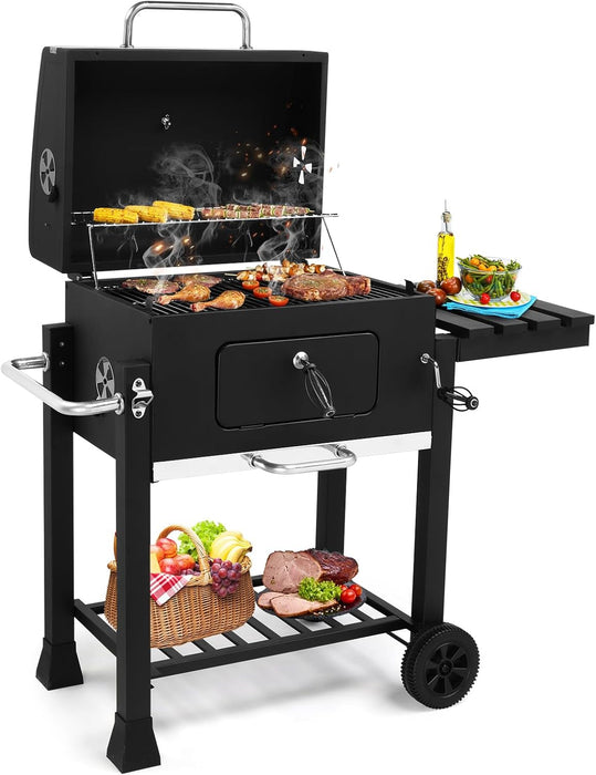 Charcoal Grill Outdoor BBQ Smoker with Height-Adjustable Charcoal Pan Crank Handle, Large Barrel Barbecue Grill with Front Access Door, Foldable Side Table & Removable Ash Tray for Backyard Garden