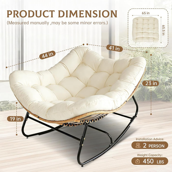Oversized Wicker Rocking Chair Indoor Outdoor, 450 LBS Heavy Duty Patio Papasan Egg Chair with Cushion, E-Coated Frame Lounge Rocker for Balcony Porch Garden Living Room, Beige