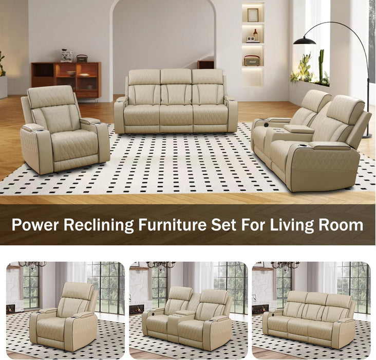 Power Reclining Sofa Set, Living Room Furniture Set with USB Ports, Leather Recliner Couches Set for Living Room/Apartment/Office/Home Theather (Khaki, Sofa+Loveseat+Chair)