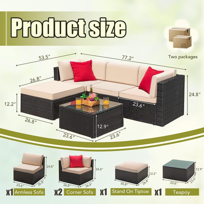 5 Piece Patio Conversation Set Wicker Rattan Furniture Outdoor Sofa with Cushions,Pillows & Glass Table for Porch,Lawn and Yard,Beige