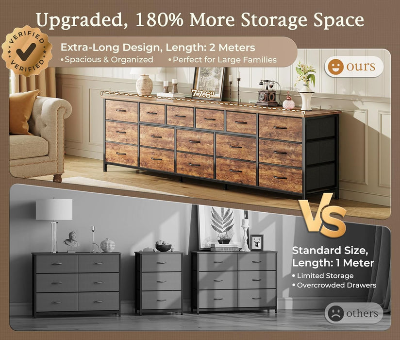77.6" Long Dresser for Bedroom, 16 Drawer Fabric Dresser for Closet, Wide Chest of Drawers with Storage, TV Stand for 65, 75, 85 Inch TV, 77.6" W X 13" D X 26.4" H, Rustic Brown