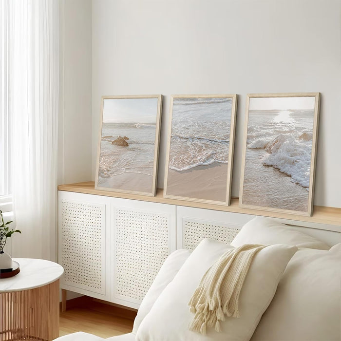 Beach Wall Art Decor Coastal Wall Art Pictures Ocean Canvas Wall Art Beige Beachy Wall Decor Boho Beach Prints Ocean Painting Coastal Artwork for Bedroom Living Room 16X24 Inch Wood Framed Set of 3